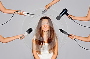 Health and beauty. Young woman getting a beauty and hair style in the same time with hands making different works.