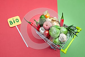 Health bio organic food concept, Shopping cart in supermarket full of fruits and vegetables,
