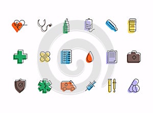 Health, bold line icons. Medicine, health care, pharmaceutics, hospital, line icons