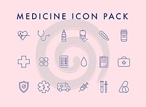 Health, bold line icons. Medicine, health care, pharmaceutics, hospital, line icons