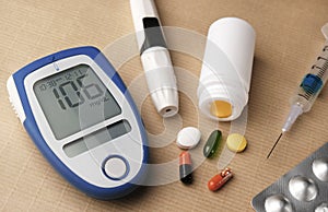 Health care: blood sugar measurement glucometer. Devices for monitoring health during an epidemic. Medicine on background