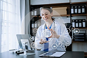 health care business graph data and growth, Medical examination and doctor analyzing medical report network connection on tablet
