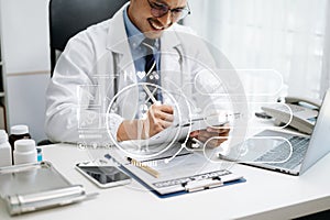 health care business graph data and growth, Medical examination and doctor analyzing medical report network connection on tablet.
