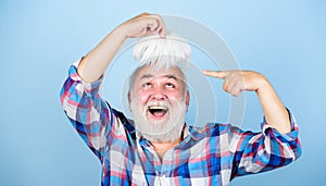Health care concept. Elderly people. Bearded grandfather grey hair. Hair loss. Early signs balding. Man losing hair