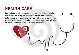 Health care concept flat icon design with stethoscope and heart rate