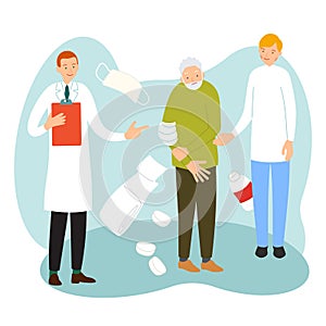 Health care concept. Medical checkup. An elderly man with sick arm surrounded by doctor and an assistant in uniform. Illustration