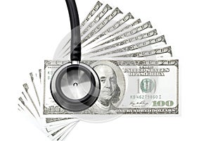 Health care costs. Stethoscope and money symbol for health care