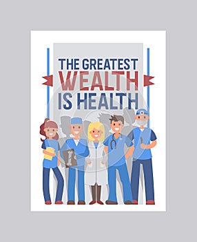 Health care cover vector design. Medical brochure with healthcare slogan. Doctors cartoon characters smiling and holding