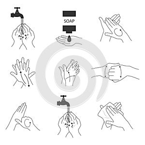 Health care educational infographics. How to wash your hands correctly, step by step. Hand hygiene concepts in detail. Health care