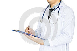 Health care, emergency room physician Writing a patient illness report.Isolated white