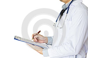 Health care, emergency room physician Writing a patient illness report.Isolated white