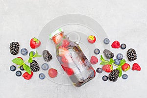 Healthy nutrition diet concept. Fresh cool berry and mint infused water,  detox drink, in a glass jar