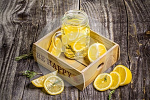 Health care, fitness, healthy nutrition diet concept. Fresh cool lemon infused water, cocktail, detox drink, lemonade in a glass