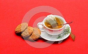 Health care folk remedies. Herbal or green tea. Ceramic cup hot fresh brewed tea beverage. Warm winter beverage. Gourmet