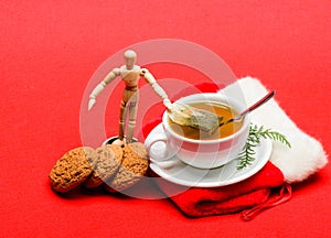 Health care folk remedies. Warm winter beverage. Gourmet delicious taste. Cafe restaurant menu. Cup of tea on red