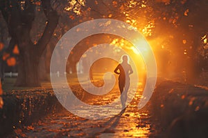 Health care, healthiness concept, Portrait Woman, wearing exercise clothes in the park, light of the setting sun, streaming in