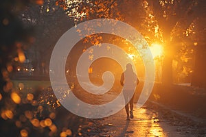 Health care, healthiness concept, Portrait Woman, wearing exercise clothes in the park, light of the setting sun, streaming in