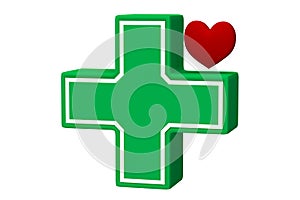 Health care icon. Green cross and red heart isolated on a white. 3d rendering