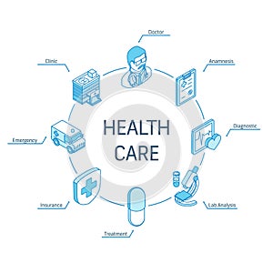 Health Care isometric concept. Connected line 3d icons. Integrated circle infographic design system. Doctor, Anamnesis
