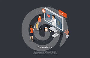 Health Care Isometric Concept, Online Doctor And Medical Consultation. Family At Doctor s Appointment. Online Medical
