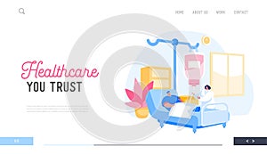 Health Care Landing Page Template. Man Character Lying in Hospital Chamber Applying Treatment