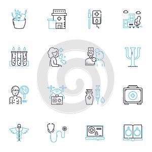 Health care linear icons set. Prevention, Medicine, Wellness, Treatment, Health, Nutrition, Diagnosis line vector and