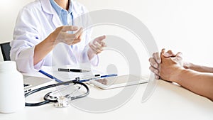 Health care and medical ethics concept, doctor explains prescription to victim diagnosis  giving a consultation and Patient