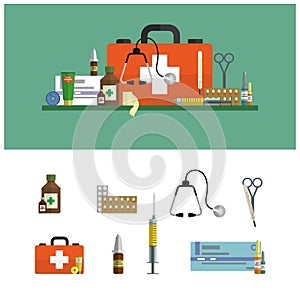 Health care medical flat banners. First aid icons set and design elements. Medical tools, drugs, scissors, stethoscope, syringe