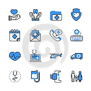 Health care medical help lineart flat vector icon set.