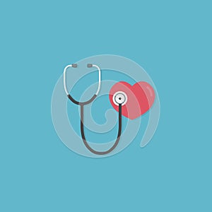 Health care and medicine concept. Flat design of red heart and stethoscope. medical tool for diagnosing of diseases of lungs and h