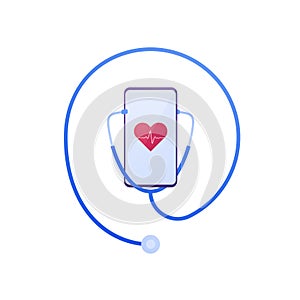 Health care monitor app concept. Vector flat illustration. Smartphone with heart shape and heartbeat symbol on mobile phone screen