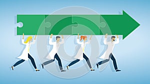 Health care people running with green puzzle arrow. Vector illustration.