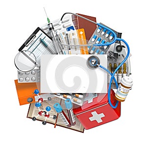 Health care, pharmacy and medicine concept. Space foir text or busiiness card with medical supplies and equipment, pills, drugs