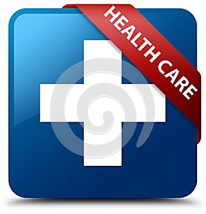 Health care (plus sign) blue square button red ribbon in corner