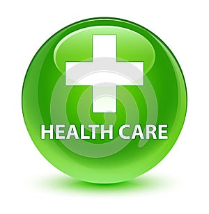 Health care (plus sign) glassy green round button