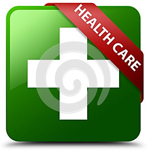 Health care plus sign green square button