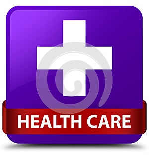 Health care (plus sign) purple square button red ribbon in middle