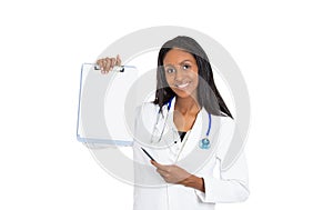 Health care professional doctor holding blank clipboard pointing with pen