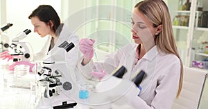 Health care researchers working in a science laboratory and dripping blue liquid