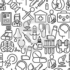 Health care seamless pattern with thin line icons related to hospital, clinic, laboratory. Vector illustration for conclusion,