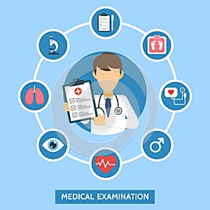 Health care services concept with infographics elements. Medical examination. Banner with doctor and medical tests. Online doctor