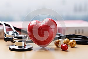Health and care theme Stethoscope, ECG, toy heart trio harmonize