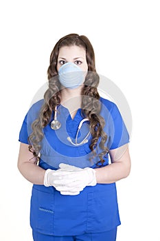 Health Care Worker in Scrubs, Mask and Gloves