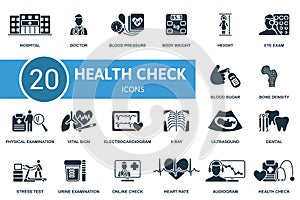 Health check icons set. Creative icons: hospital, doctor, blood pressure, body weight, height, eye exam, blood sugar