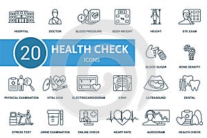 Health check outline icons set. Creative icons: hospital, doctor, blood pressure, body weight, height, eye exam, blood