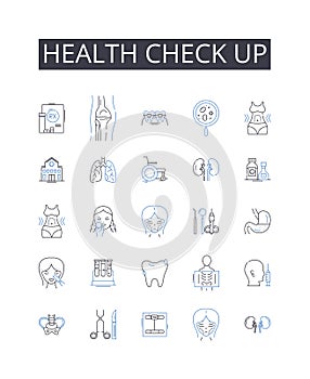 Health check up line icons collection. Correct, Fix, Rectify, Adjust, Remedy, Repair, Solve vector and linear