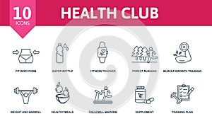 Health Club set icon. Editable icons health club theme such as fit body form, fitness tracker, muscle growth training