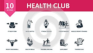 Health Club set icon. Editable icons health club theme such as fit body form, fitness tracker, muscle growth training