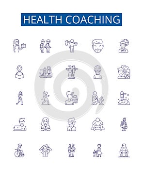 Health coaching line icons signs set. Design collection of Wellness, Nutrition, Exercise, Habits, Training, Lifestyle