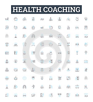 Health coaching vector line icons set. Wellness, Nutrition, Coaching, Exercise, Healthy, Habits, Diet illustration